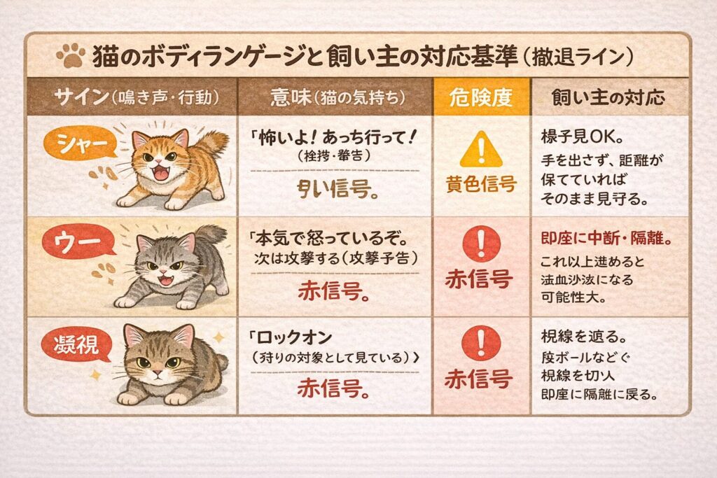 猫のボディランゲージと飼い主の対応基準（撤退ライン）