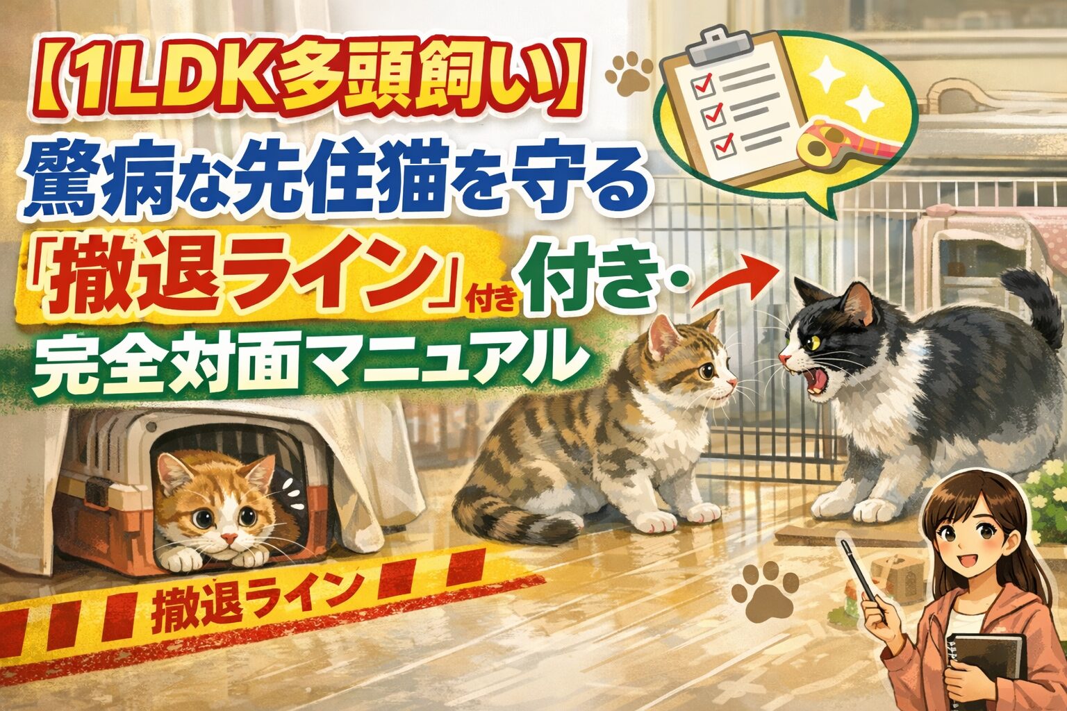 【1LDK多頭飼い】臆病な先住猫を守る「撤退ライン」付き・完全対面マニュアル